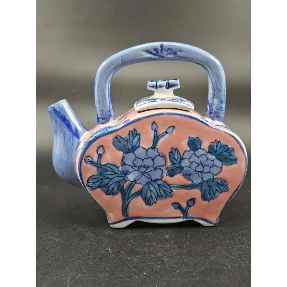 Ben Rickert Chinoiserie Teapot Blue Pink Floral Ceramic Asian Decor 5 In Tall - Picture 2 of 9